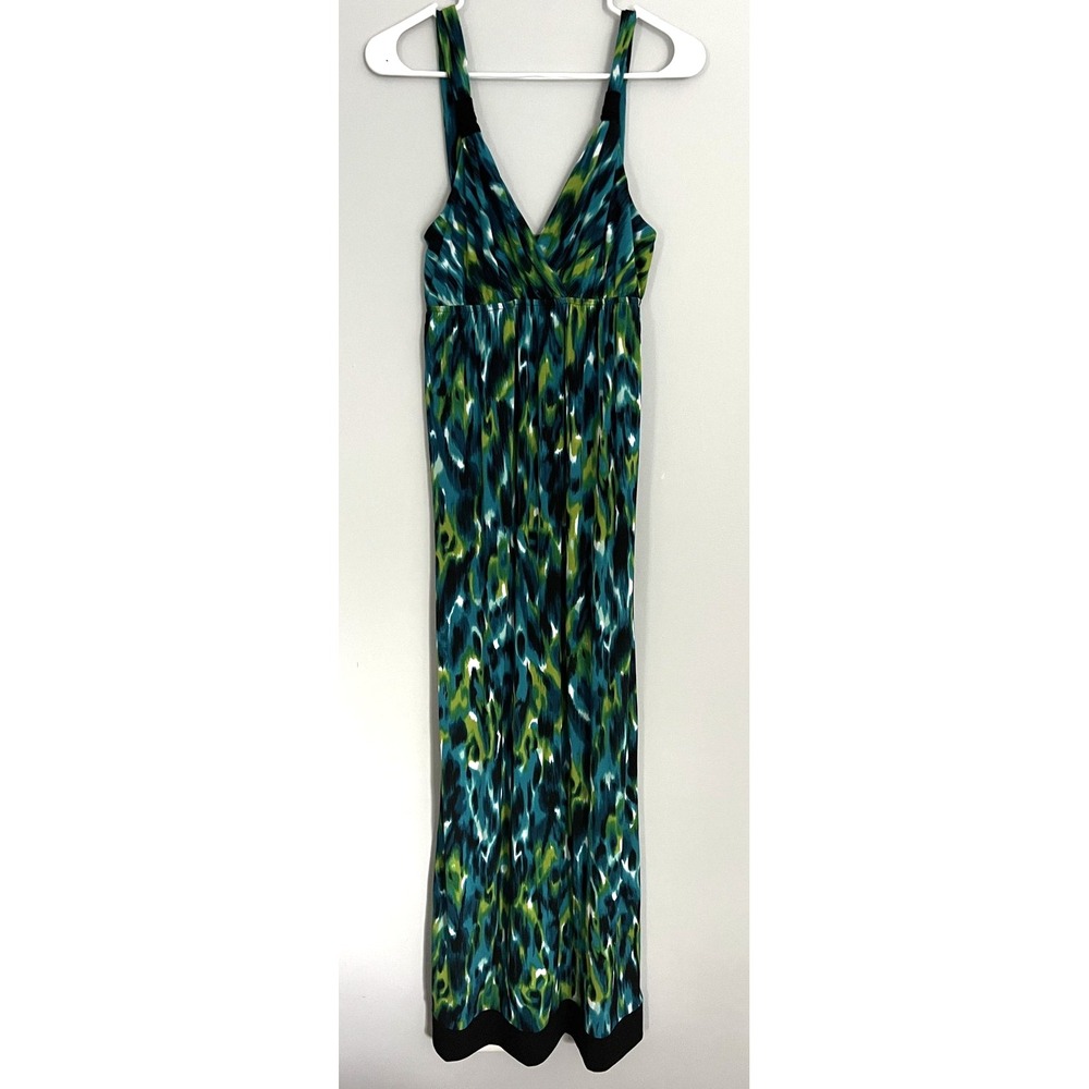 AB Studio Dress Womens M Blue Green Maxi Long Surplice V Neck Ikat Print EUC